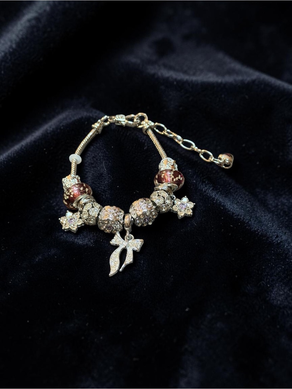 Silver Charm Bracelet with Burgundy Beads and Crystal Accents